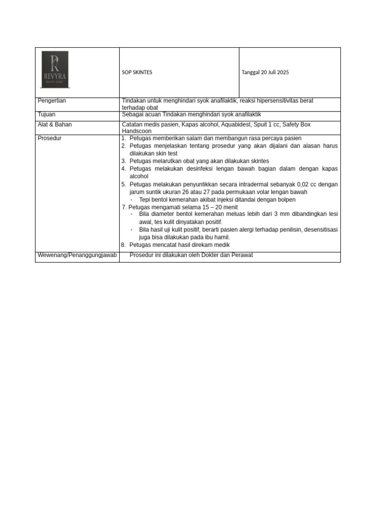 SOP Skin Test untuk Mencegah Anafilaksis | PDF
