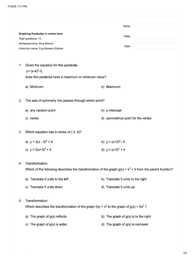 Graphing Parabolas 6 | PDF