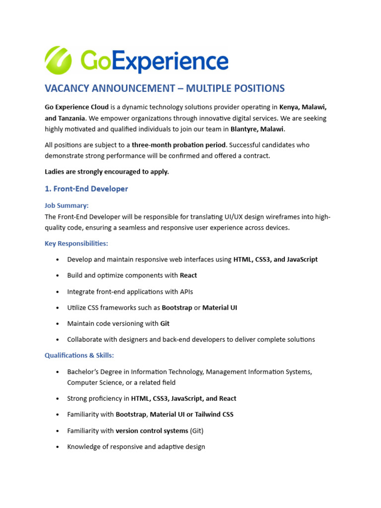 Job Openings at Go Experience Cloud | PDF | Bootstrap (Front End ...