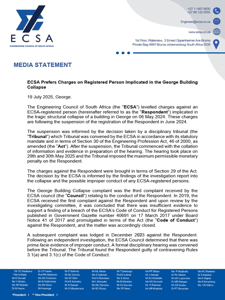 ECSA Prefers Charges On Registered Person Implicated in The George ...