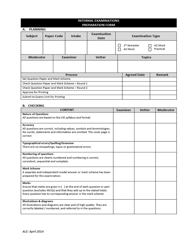 Internal Examinations Preparation Form | PDF