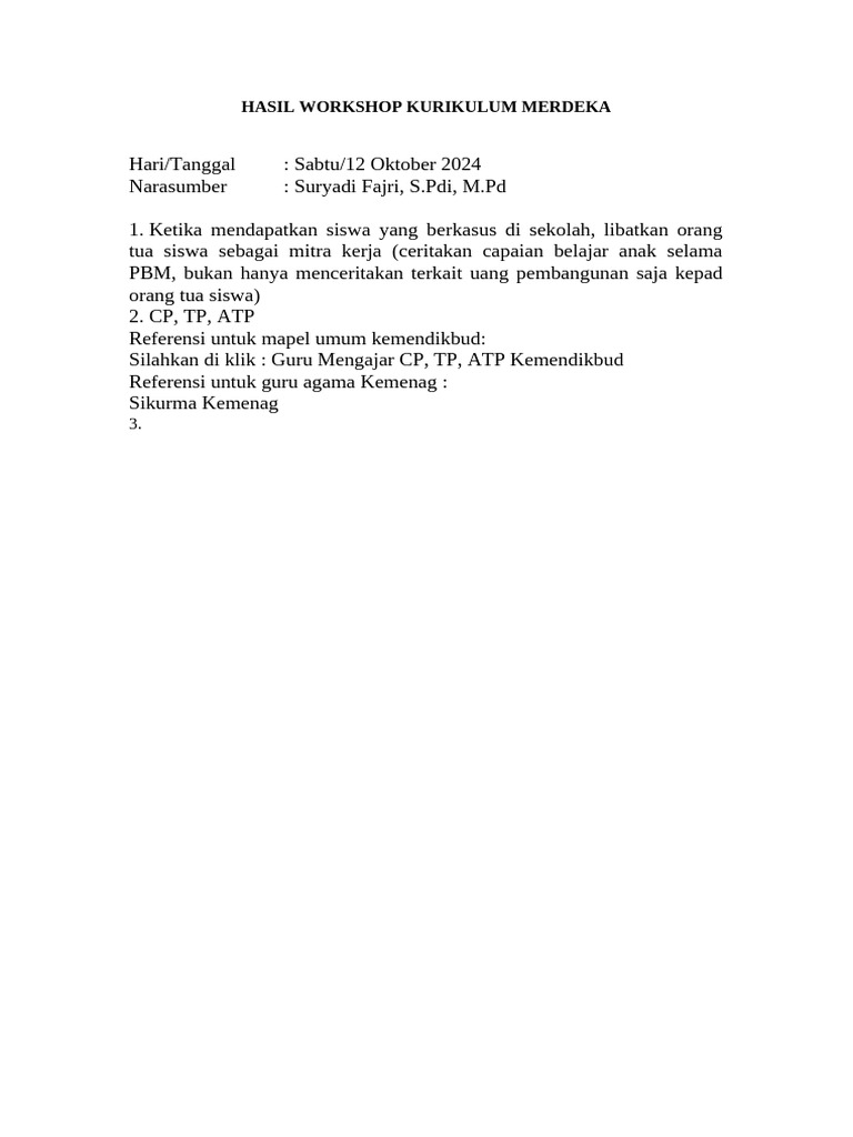 Hasil Workshop Kurikulum Merdeka 2024 | PDF