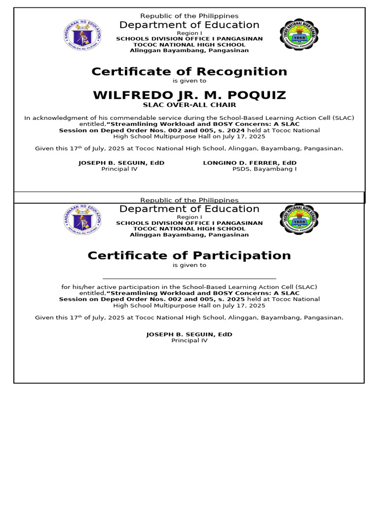 SLAC Certificate of Recognition Template | PDF