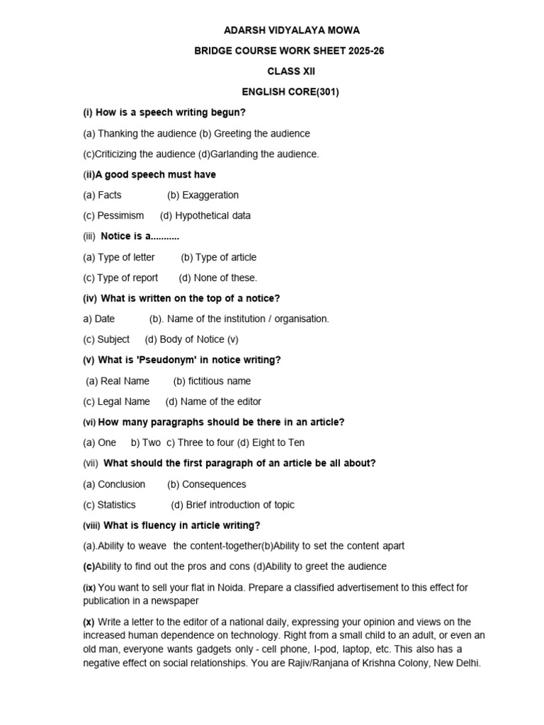 Class-12 Science Section Bridge Course Worksheet 2025-2026 | PDF ...