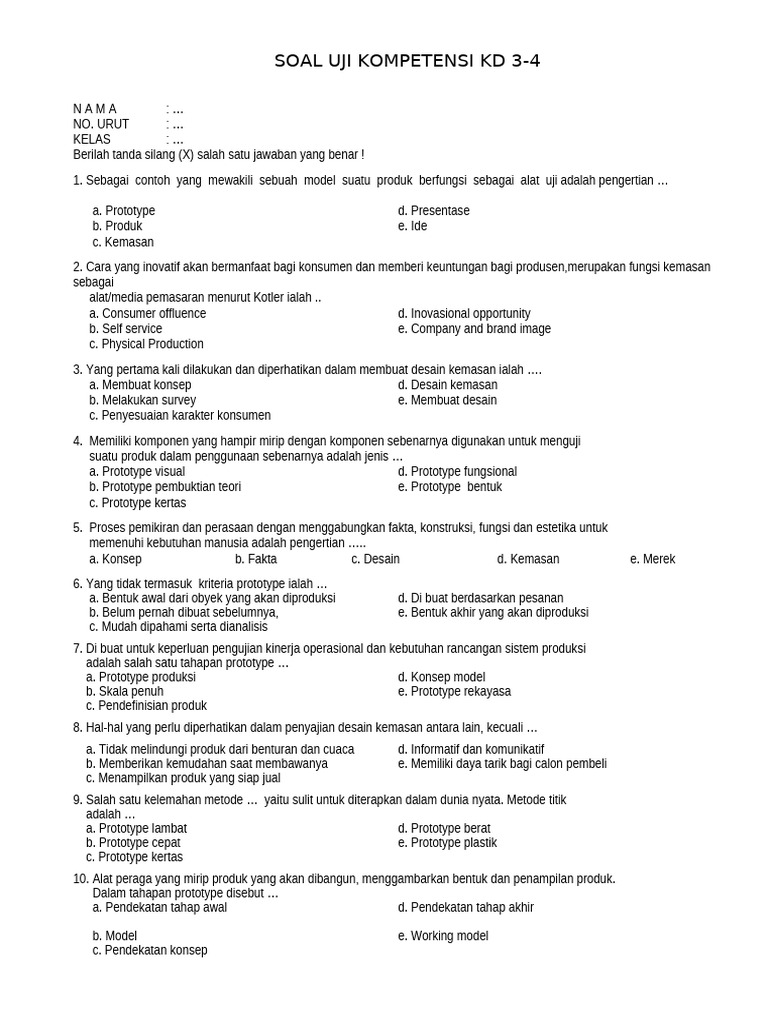 Soal Uji Kompetensi KD 3-4 | PDF