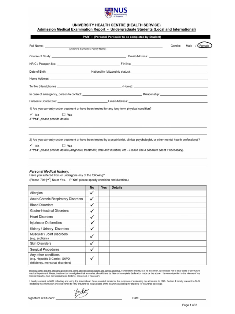NUS Medical Examination Form With Part I | PDF