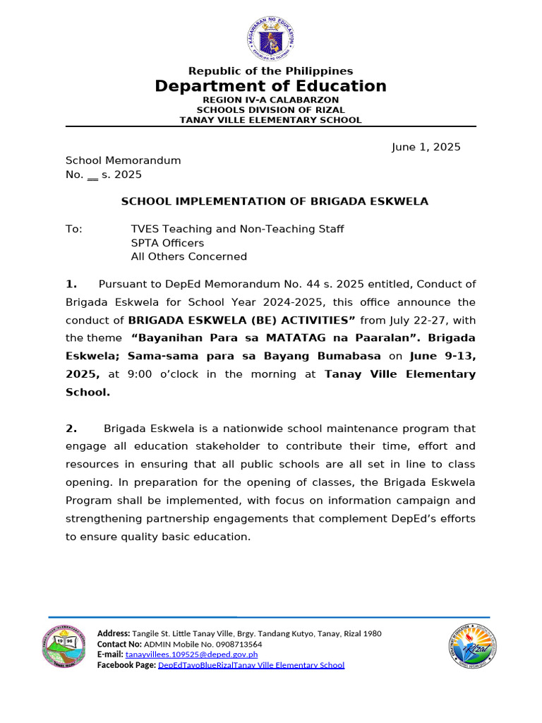 Brigada Eskwela 2025 Implementation Memo | PDF