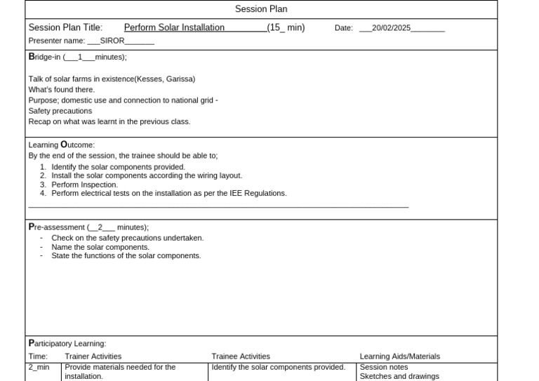 Solar Installation Training Session Plan | PDF