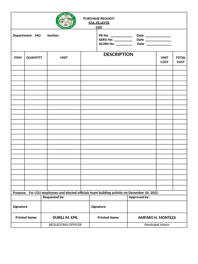 LGU Purchase Request for Team Building | PDF