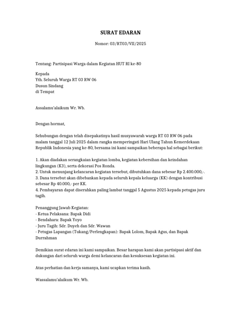 Surat Edaran Iuran HUT RI ke-80 | PDF