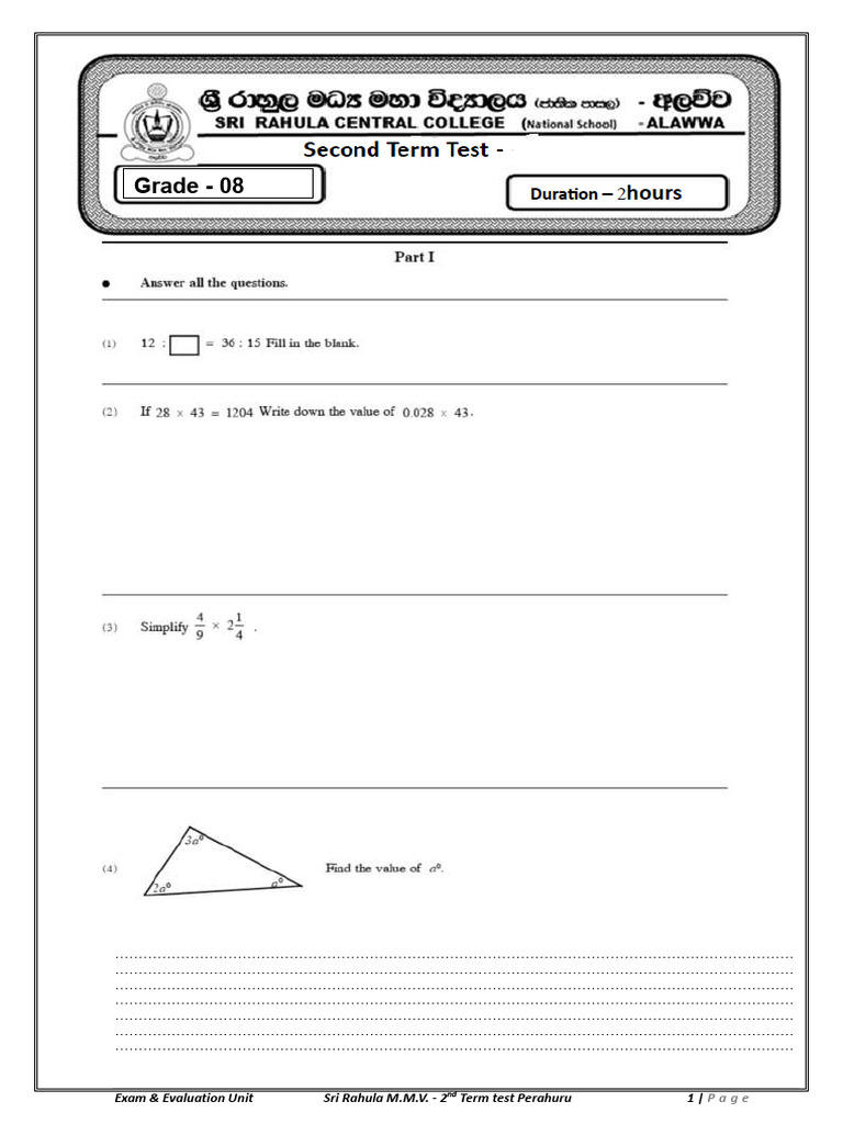 Grade 8 2nd Term Test Sri Rahula M.M.V. | PDF | Student Assessment And ...