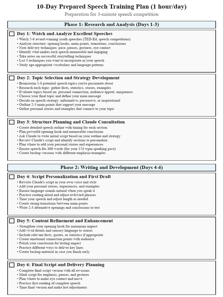 10-Day Speech Preparation Guide | PDF | Speech | Communication