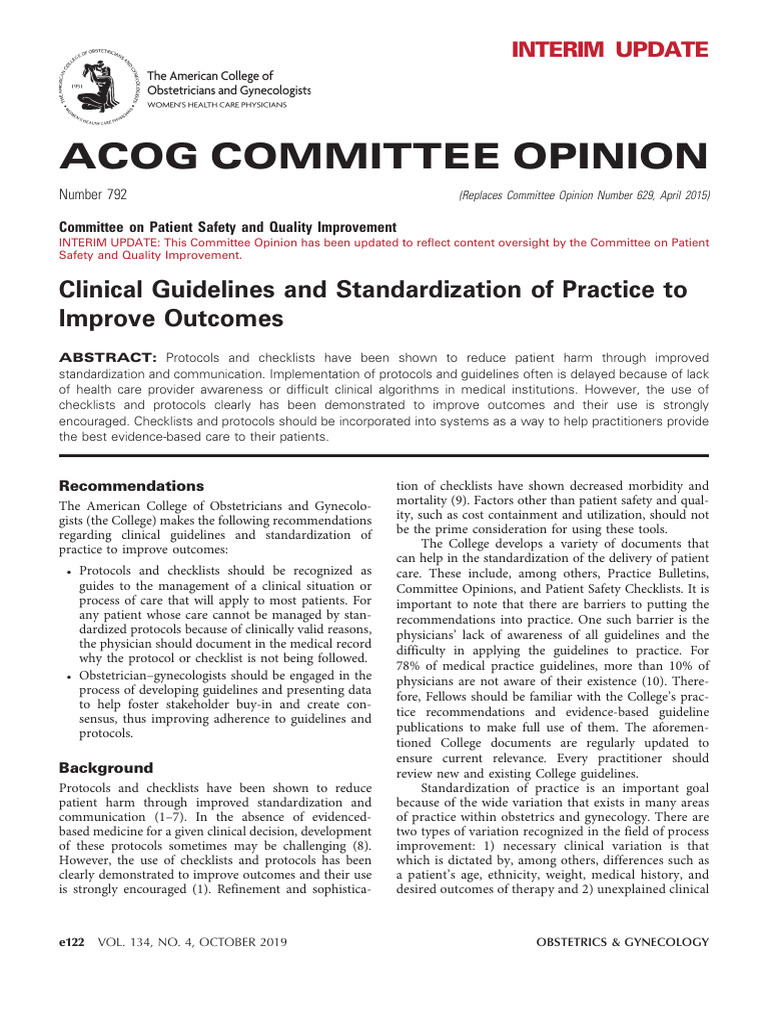 ACOG Guidelines on Standardizing Care | PDF | Patient Safety | Evidence ...