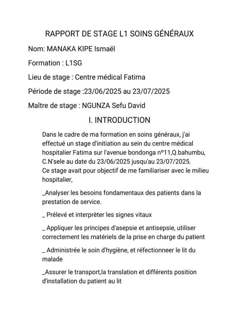 Rapport de Stage en Soins Généraux L1 | PDF | Allaitement | Médecine