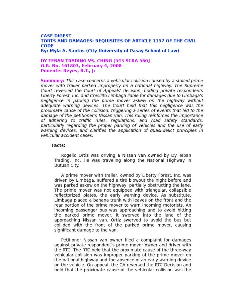 Liability in Dy Teban vs. Ching Case | PDF | Negligence | Proximate Cause