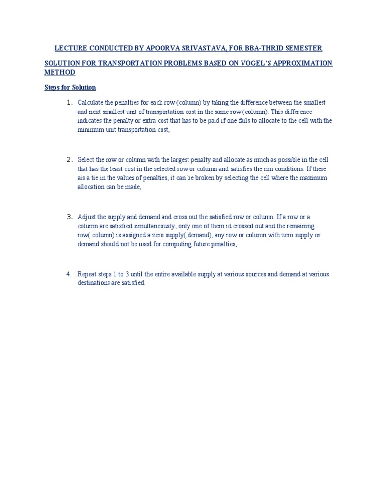Vogel’s Approximation Method for Transportation Problems | PDF