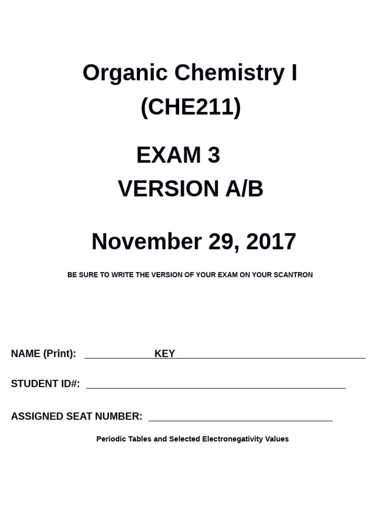 Organic Chemistry I Exam 3 Answer Key | PDF | Chemical Reactions ...