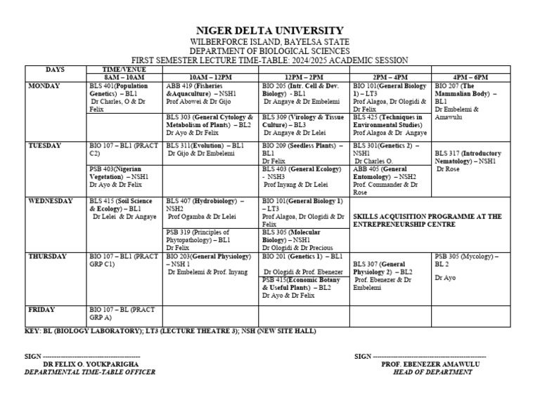 NDU Biological Sciences Timetable 2024 | PDF | Botany | Life Sciences