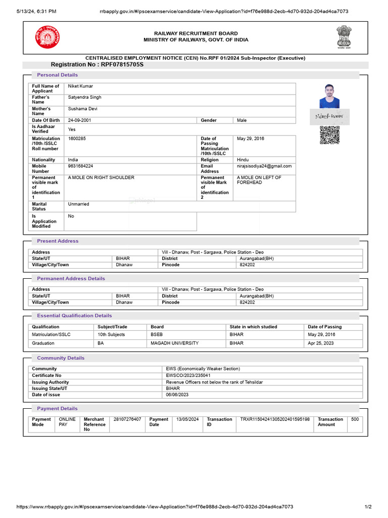 RPF 2024 Sub-Inspector Application Details | PDF