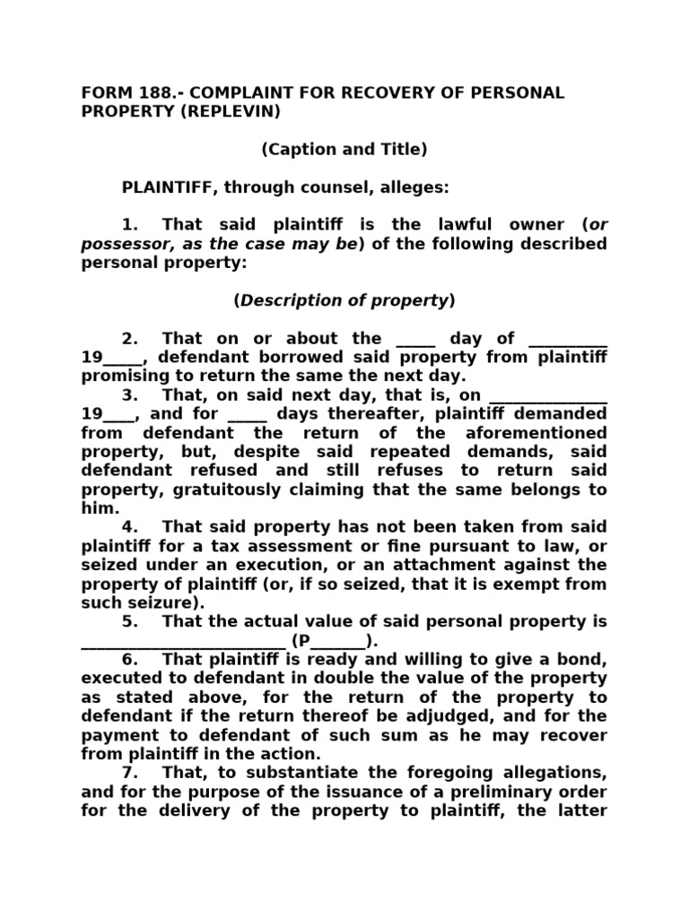 Complaint for Recovery of Property | PDF