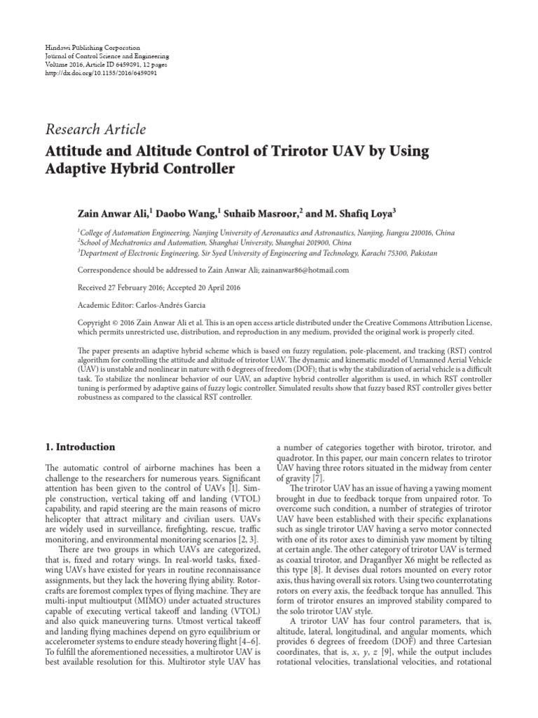 Attitude and Altitude Control of Trirotor Uav by Using Adaptive Hybrid ...