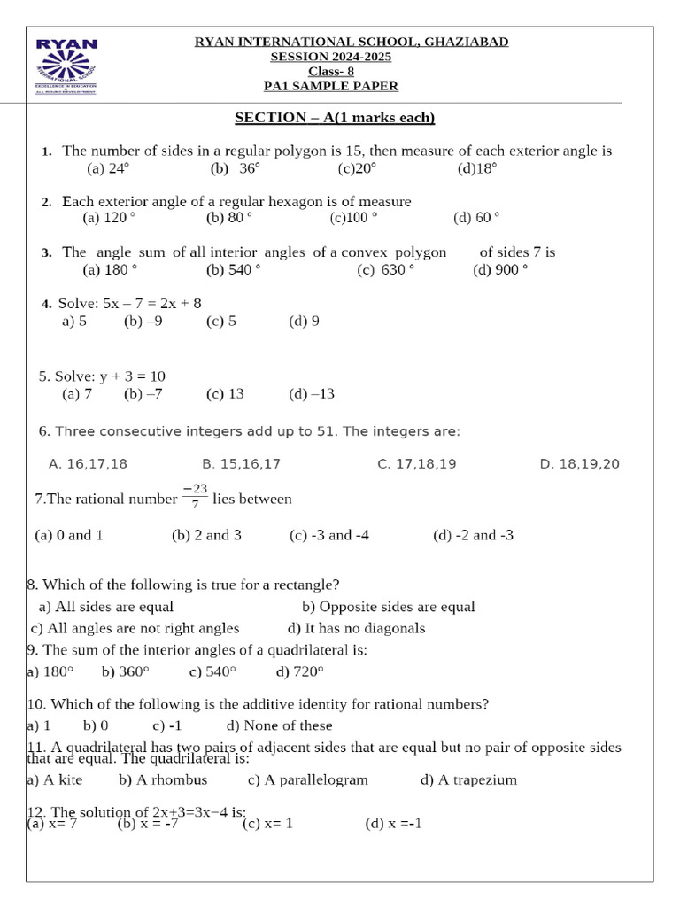 Maths PA1 Sample Paper | PDF