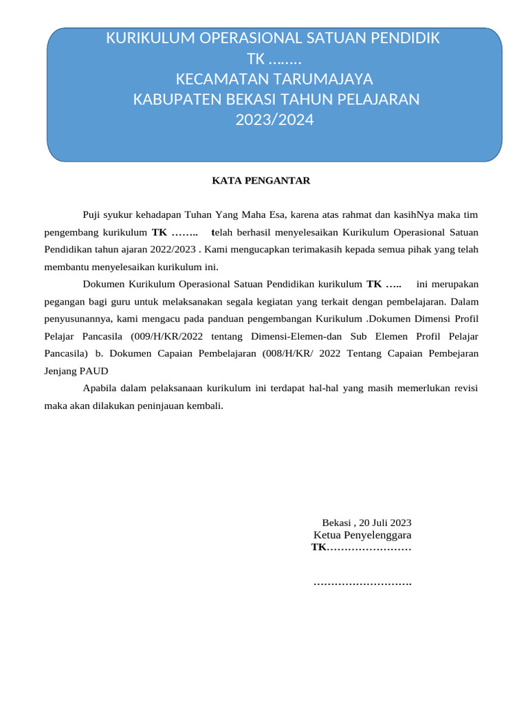 Contoh KOSP PAUD Tahun 2023/2024 | PDF