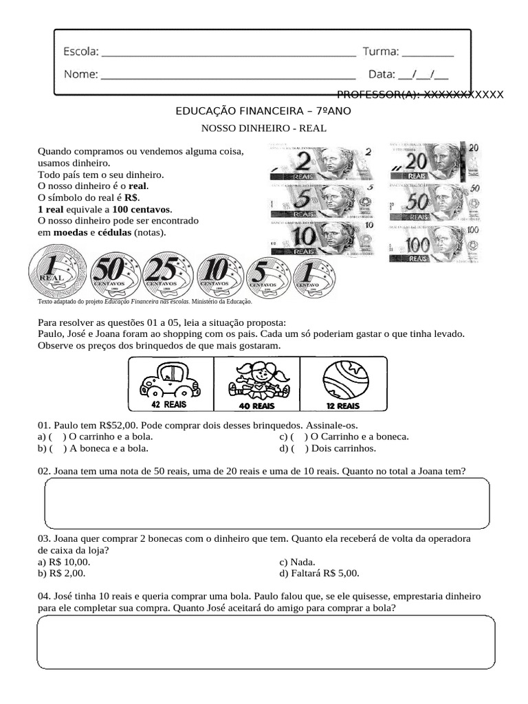 Atividades de Educação Financeira 7º Ano | PDF | Dinheiro | Moeda