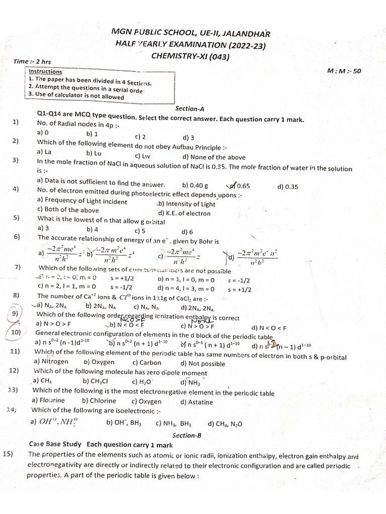 Chemistry Half Yearly Examination | PDF