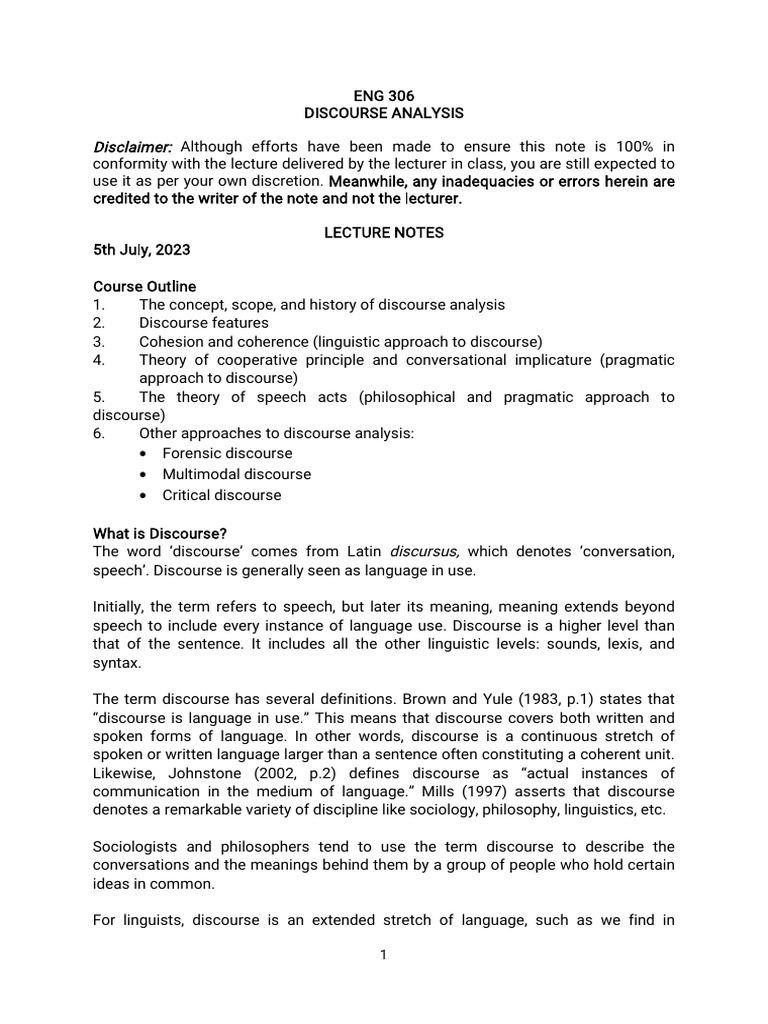 Discourse Analysis in ENG 306 | PDF | Linguistics | Communication