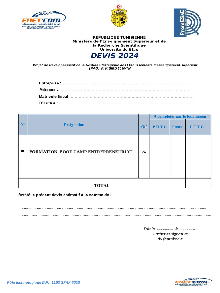 Devis 2024 pour Formation Boot Camp | PDF