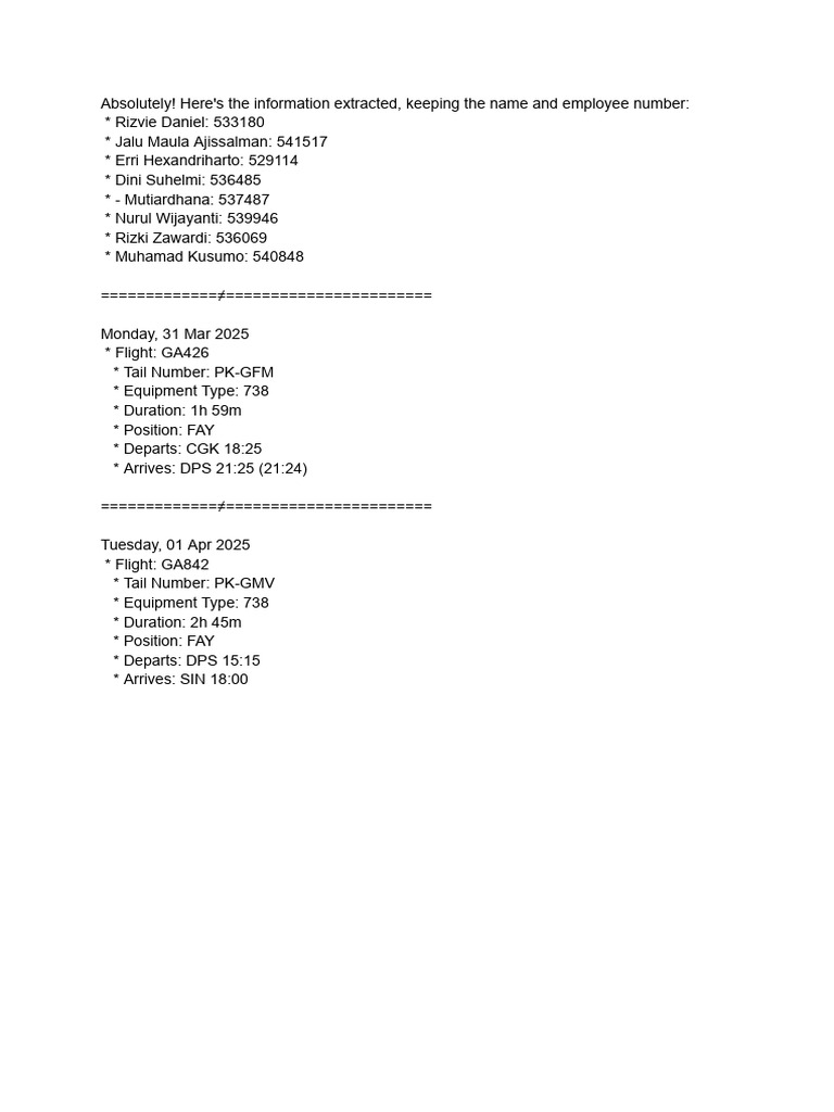 Flight Schedule and Employee List | PDF
