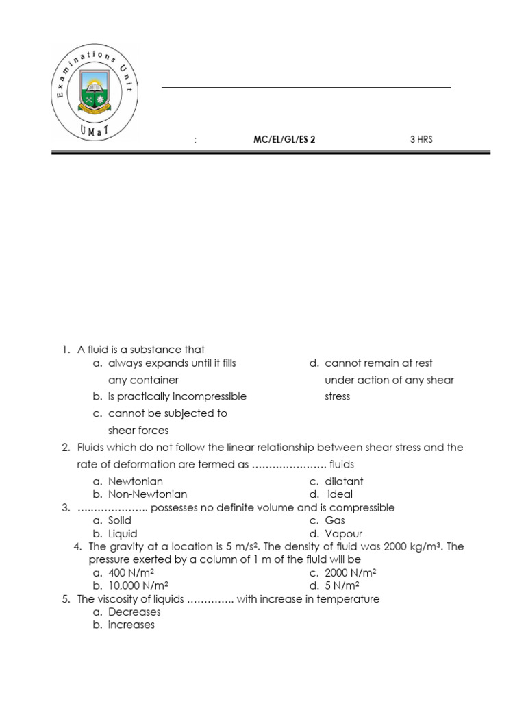 Fluid Mechanics Exam Questions | PDF | Fluid Dynamics | Pressure