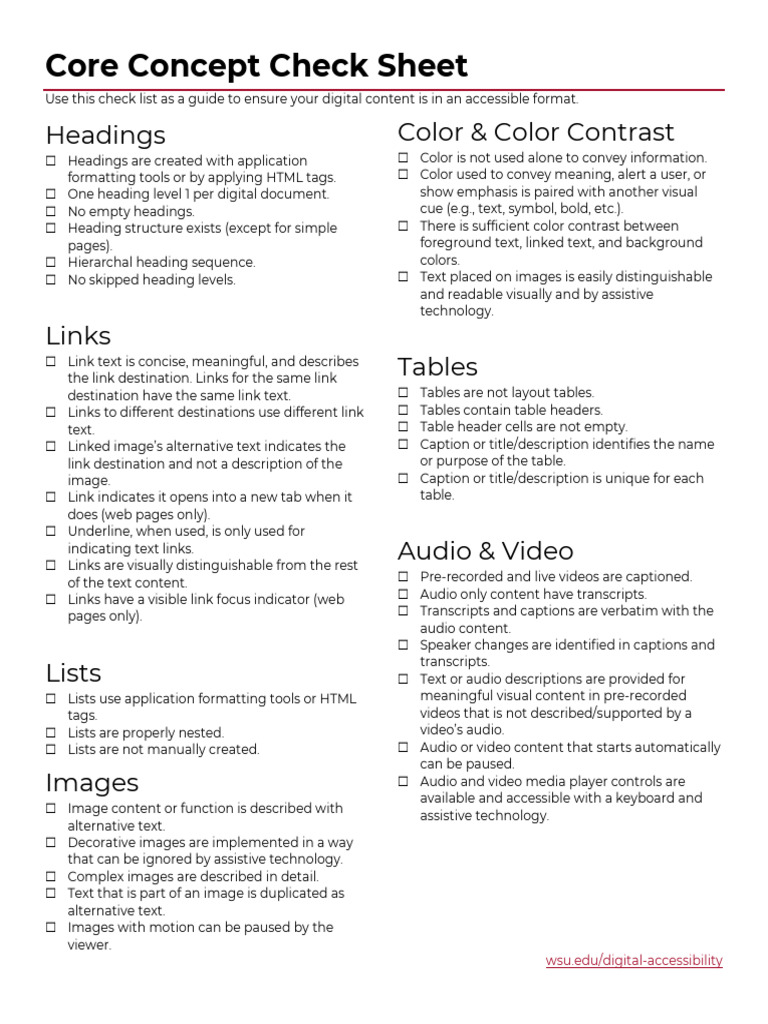 Digital Content Accessibility Checklist | PDF | Html | World Wide Web