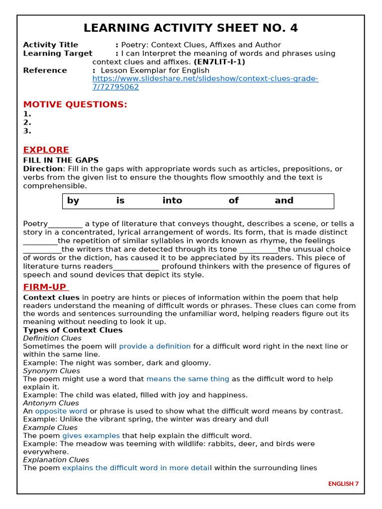 Analyzing Poetry Context Clues | PDF | Word | Poetry