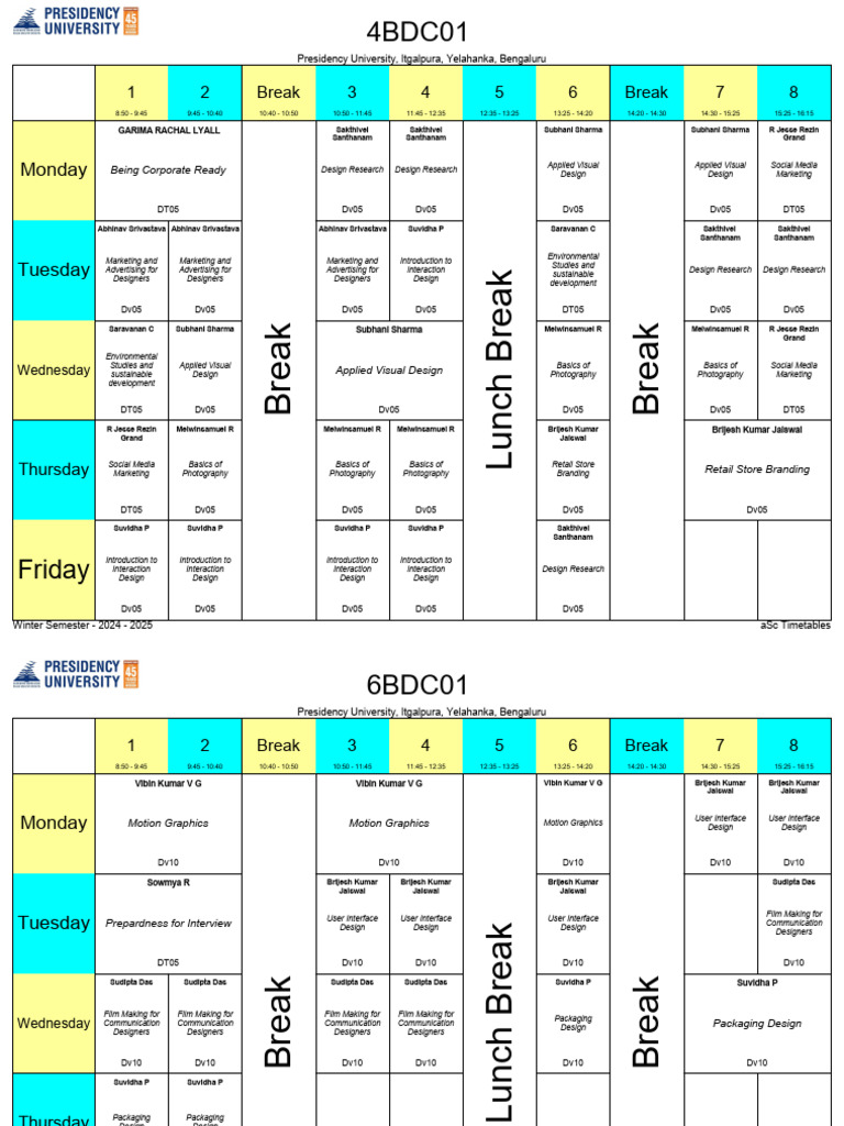 Presidency University Winter 2024 Timetable | PDF | Academic Term | Design