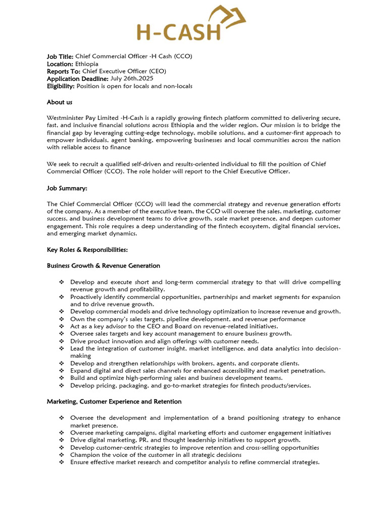 Chief Commercial Officer Role at H-Cash | PDF | Marketing | Digital ...