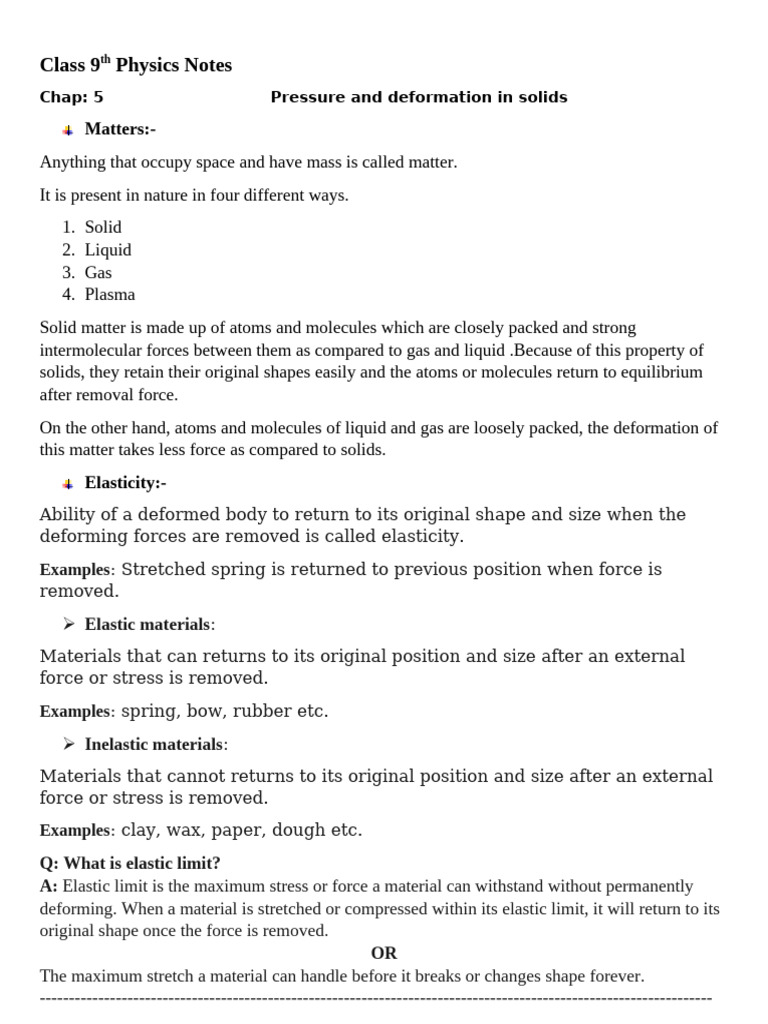 Class 9th Physics Notes | PDF | Deformation (Engineering) | Elasticity ...