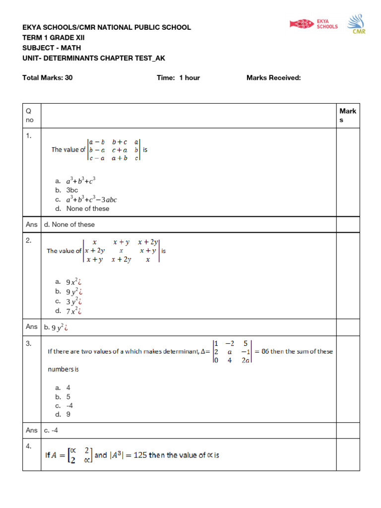 Gr+XII+ +determinants+ +Chapter+Test AK+ | PDF | Determinant | Algebra