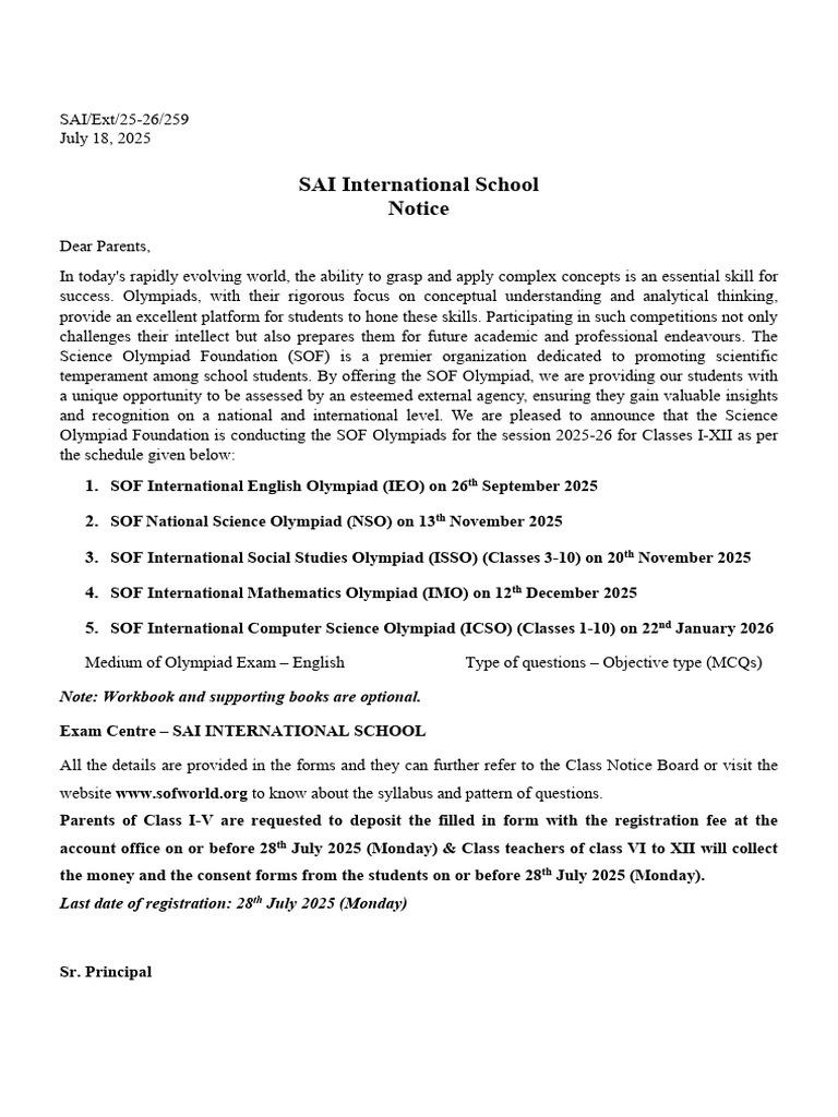 SOF Olympiad Exam Schedule 2025-26 | PDF