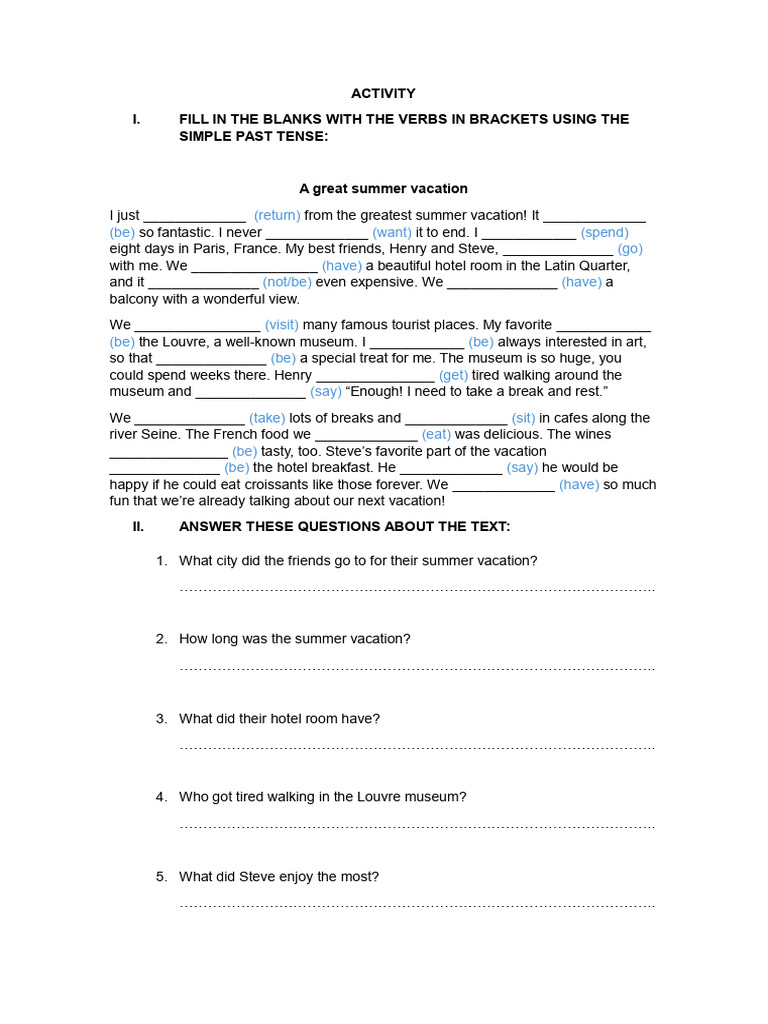Simple Past Tense Vacation Activity | PDF