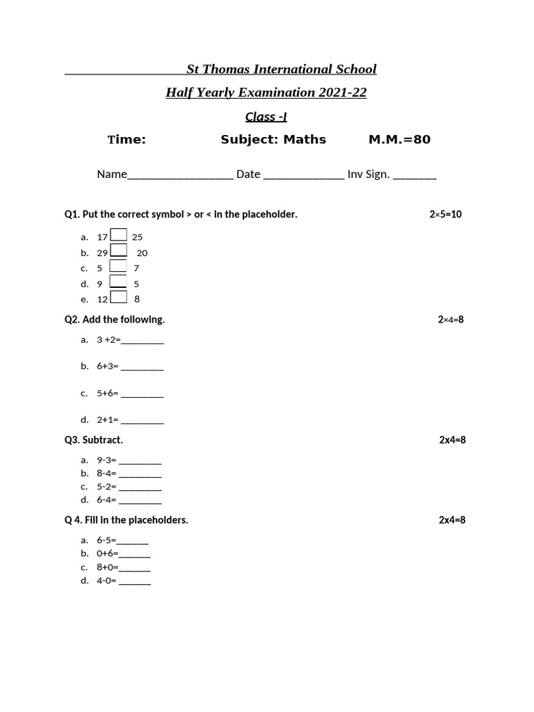 Maths Class 1. Set II | PDF