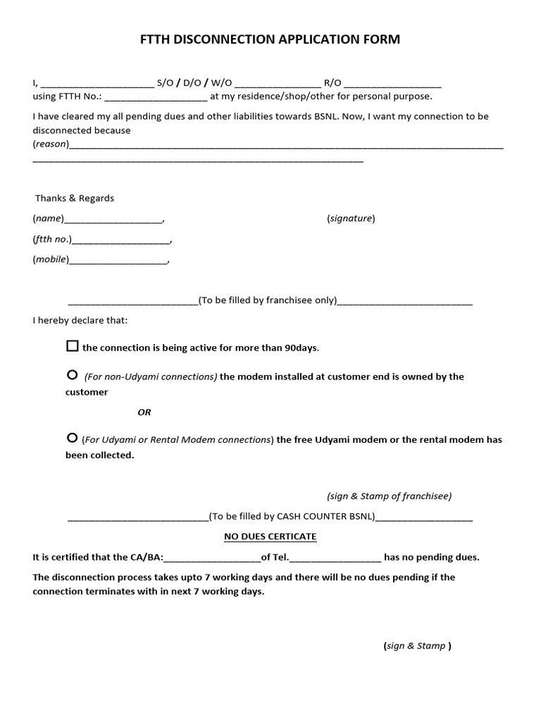 FTTH Disconnection Application Form | PDF