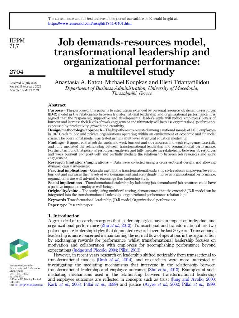 Transformational Leadership & JD-R Model Insights | PDF | Leadership ...