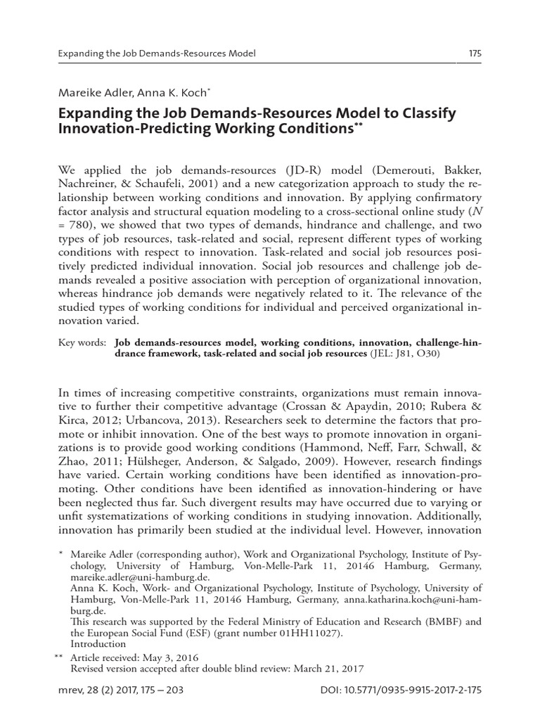 Expanding The Job Demands-Resources Model To Classify Innovation ...