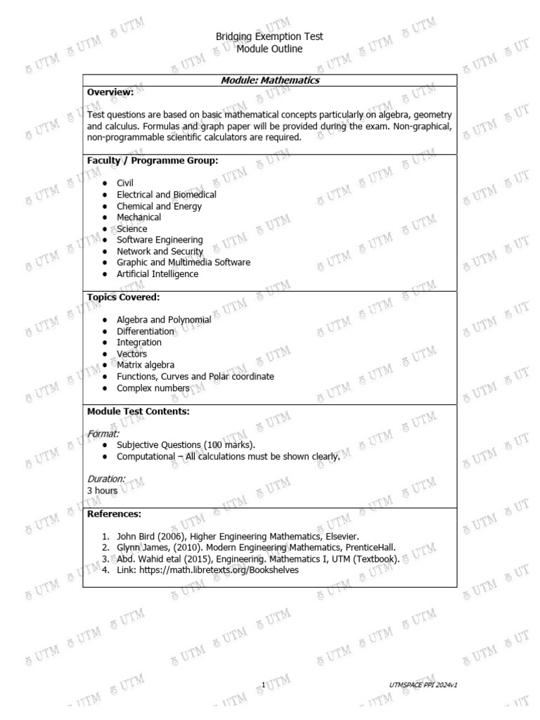 Mathematics Bridging Exemption Test Outline | PDF