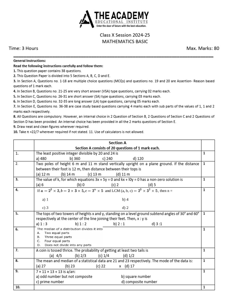 Class X Mathematics Basic Exam 2024-25 | PDF | Odds | Trigonometric ...