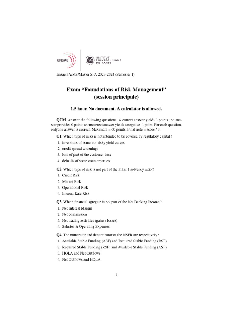 Risk Management Exam Questions 2023-2024 | PDF | Value At Risk | Credit ...