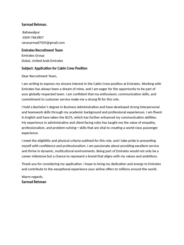 Sarmad Rehman Cabin Crew Cover Letter | PDF