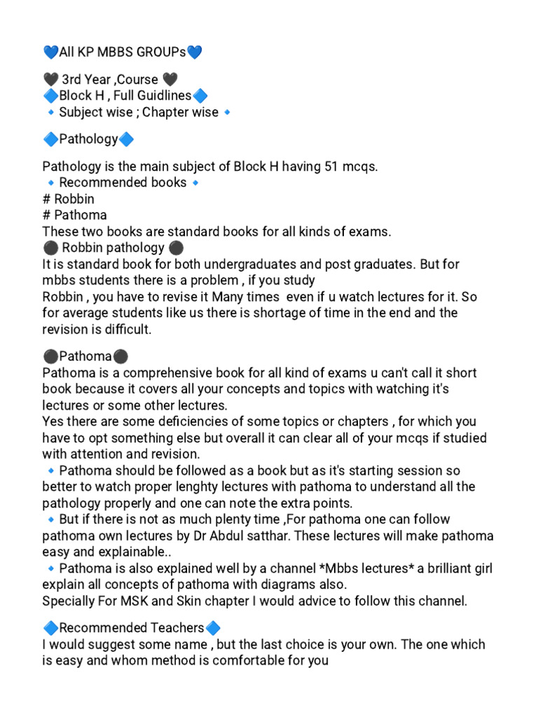 Block H MBBS Pathology Study Guide | PDF | Multiple Choice | Medicine